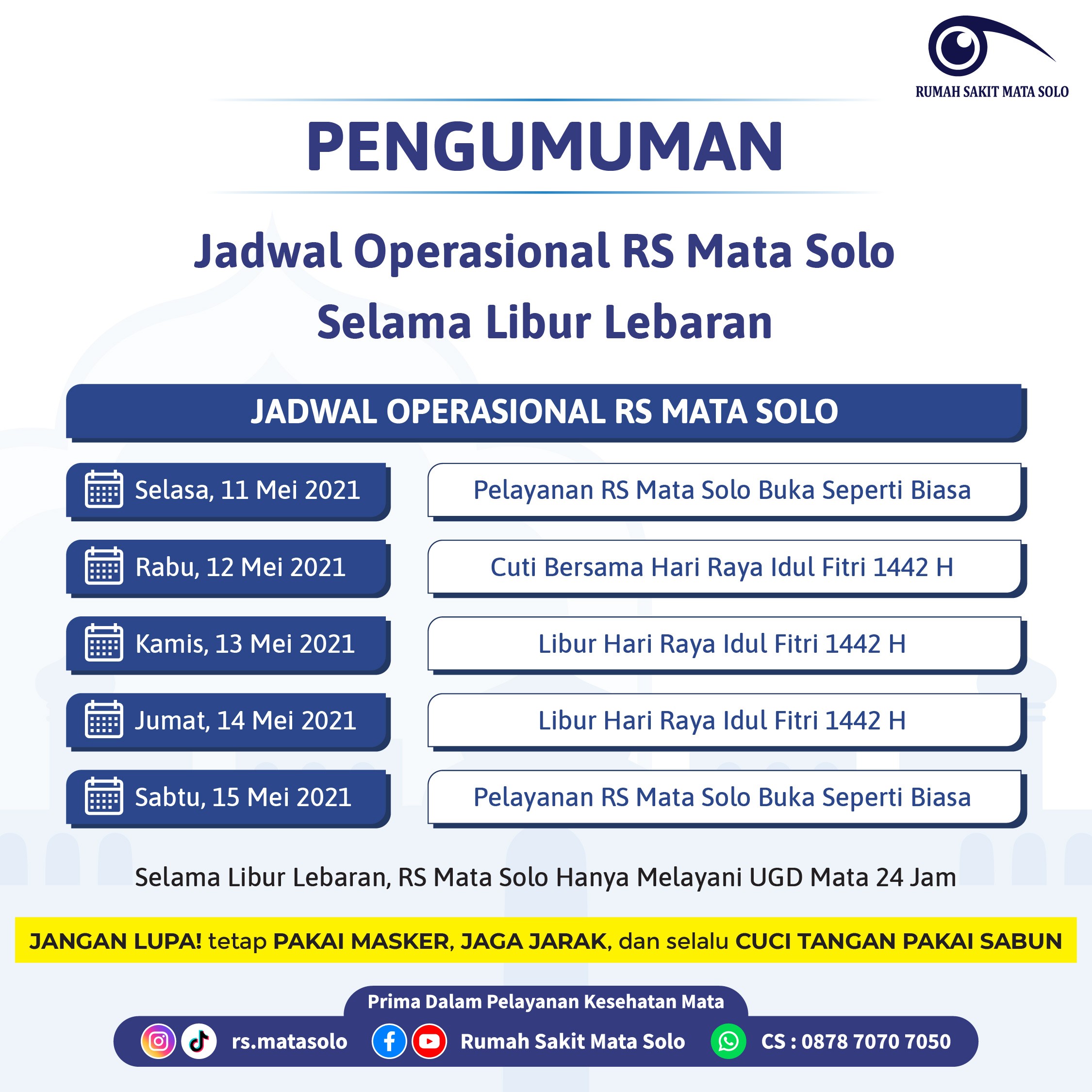 Jadwal Operasional RS Mata Solo Selama Libur Lebaran