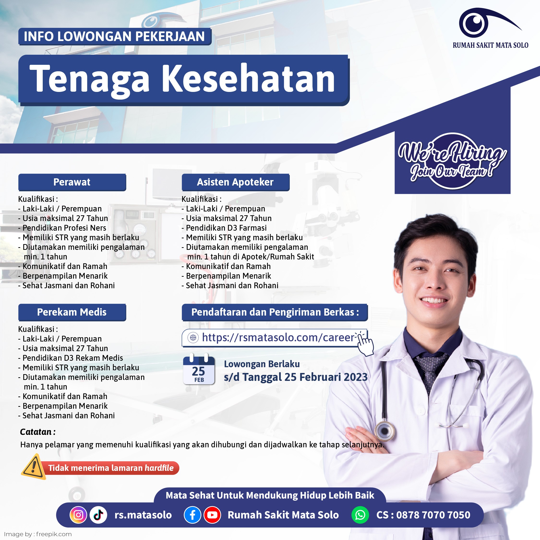 Lowongan Kerja Perawat, Asisten Apoteker dan Perekam Medis RS Mata Solo Februari 2023
