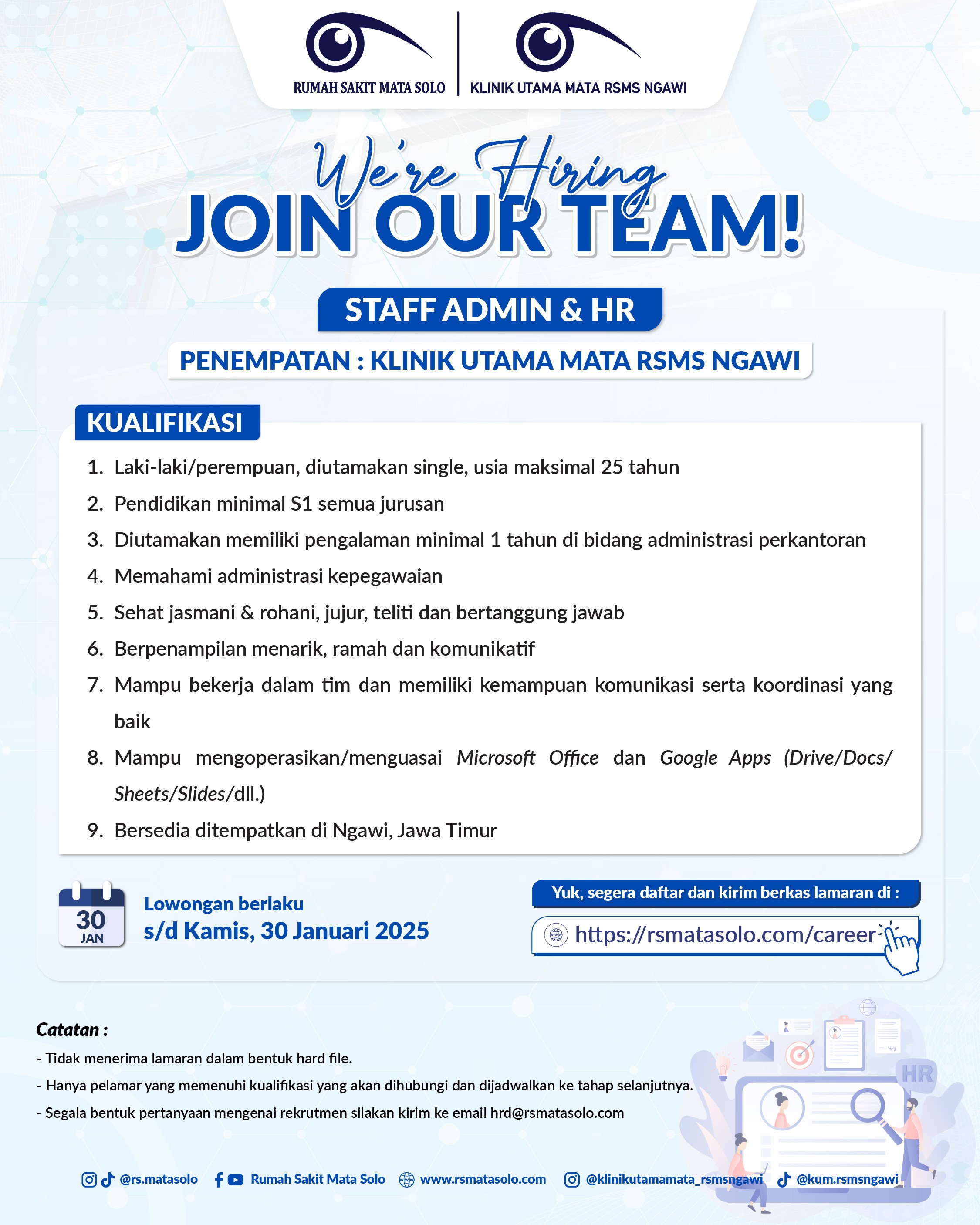 Lowongan Kerja Staf Admin & HR Klinik Utama Mata RSMS Ngawi - Januari 2025