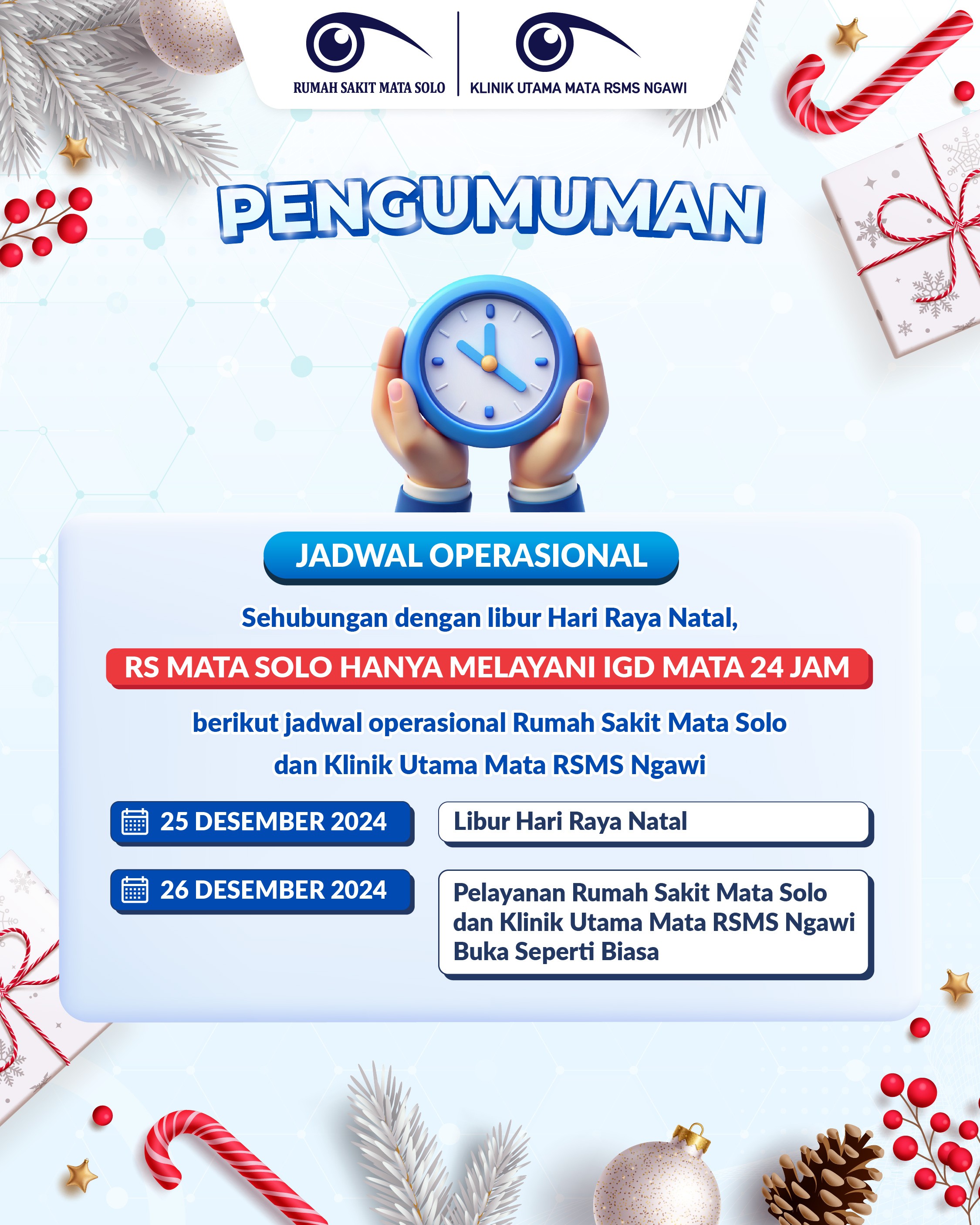 Jadwal Operasional RS Mata Solo Selama Libur Hari Raya Natal 2024