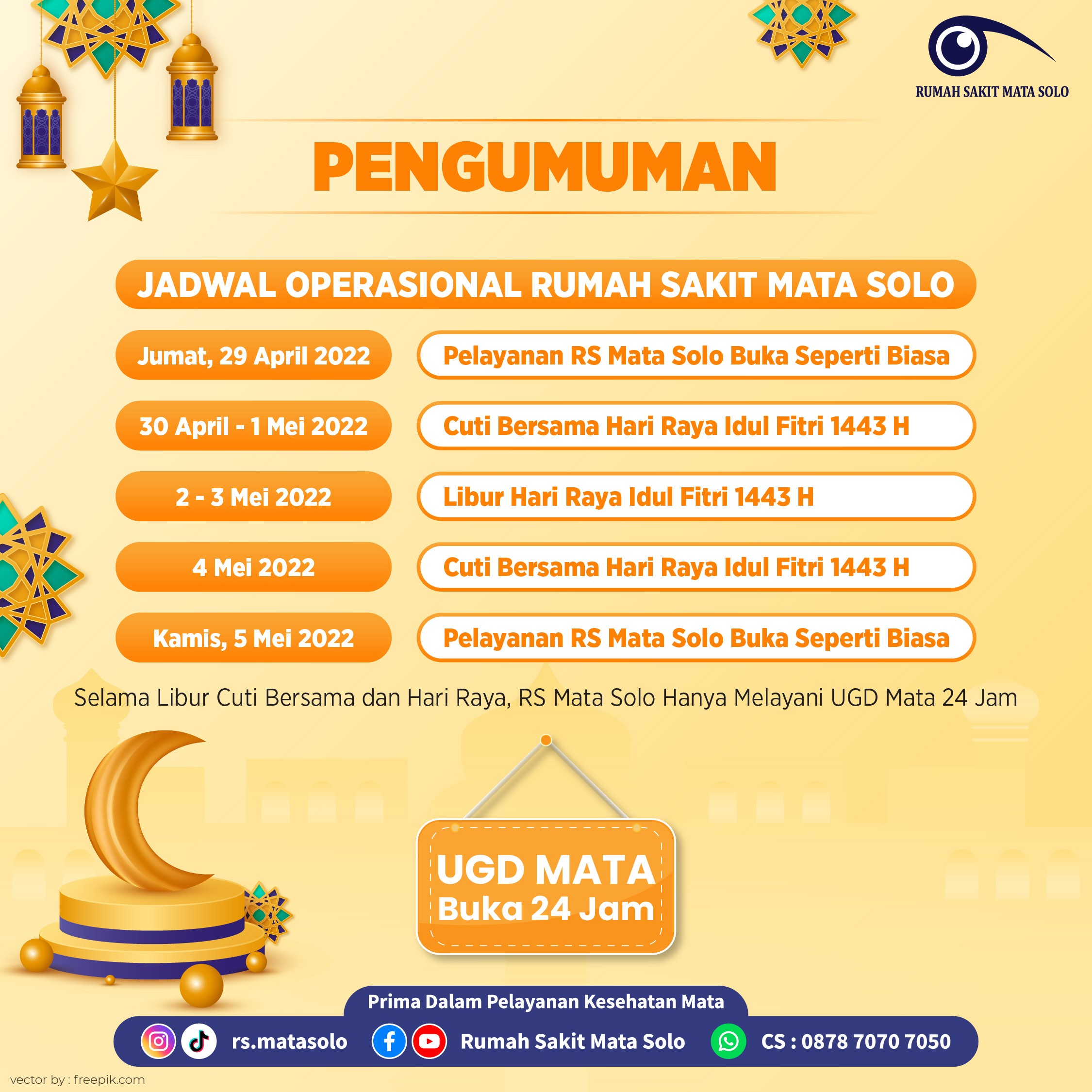 Jadwal Operasional RS Mata Solo Selama Libur Lebaran 1443 H / 2022